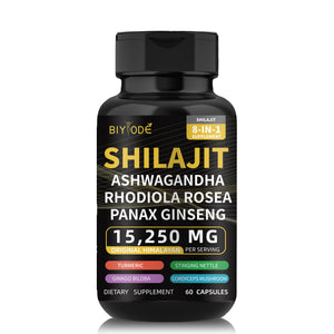 Shilajit Capsules for Man 8-in-1 Shilajit 9000 Ashwagandha 2000 Rhodiola Rosea 1000 Ginseng 1500 Cordyceps Mushroom 500 Ginkgo Biloba 500 Stinging Nettle 250 Turmeric 60 Capsules 30 Day Supply