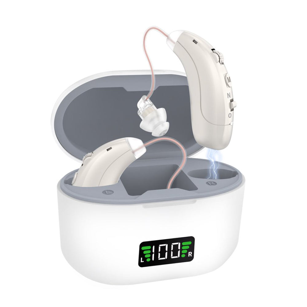 Rechargeable Hearing Aids for Seniors - Digital Sound Amplifier with 40H Playtime, Noise Cancelling, Smart LED Charging Case & 6 Volume Levels (Pair)