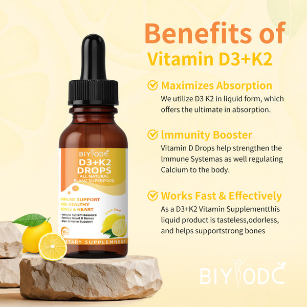 Vitamin D3 & K2 Liquid Drops, 60ml – 1000 IU Vitamin D3 & 200 mcg Vitamin K2 (MK-7) – Liposomal Enhanced Absorption, Immune Support, Bone & Heart Health, Non-GMO, Lemon Flavor