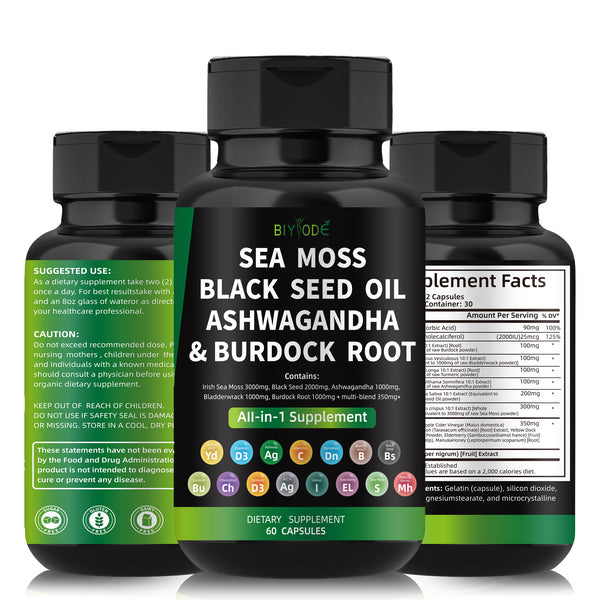 Sea Moss Capsules: Sea Moss 3000mg Black Seed 2000mg Ashwagandha 1000mg Bladderwrack 1000mg Burdock Root 1000mg Multi-Blend 350mg Vitamin D3 2000IU C Vitamin 90mg 60 Capsules 30 Day Supply
