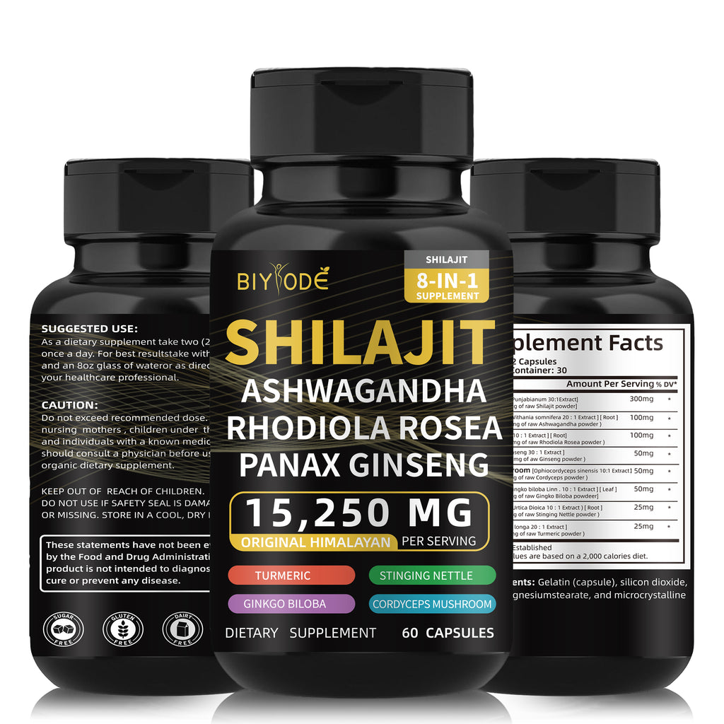 Shilajit Capsules for Man 8-in-1 Shilajit 9000 Ashwagandha 2000 Rhodiola Rosea 1000 Ginseng 1500 Cordyceps Mushroom 500 Ginkgo Biloba 500 Stinging Nettle 250 Turmeric 60 Capsules 30 Day Supply