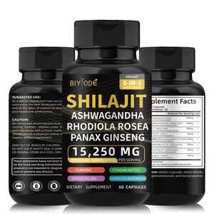 Shilajit Capsules for Man 8-in-1 Shilajit 9000 Ashwagandha 2000 Rhodiola Rosea 1000 Ginseng 1500 Cordyceps Mushroom 500 Ginkgo Biloba 500 Stinging Nettle 250 Turmeric 60 Capsules 30 Day Supply