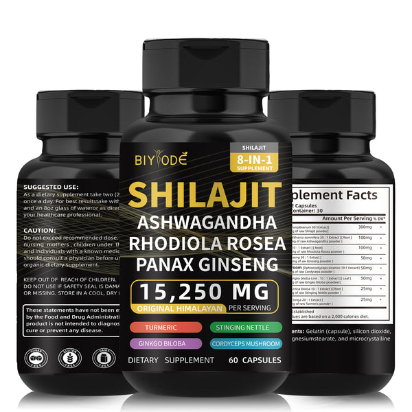 Shilajit Capsules for Man 8-in-1 Shilajit 9000 Ashwagandha 2000 Rhodiola Rosea 1000 Ginseng 1500 Cordyceps Mushroom 500 Ginkgo Biloba 500 Stinging Nettle 250 Turmeric 60 Capsules 30 Day Supply