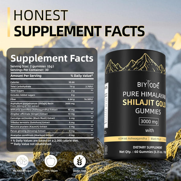 hilajit Gummies: Pure Shilajit Himalayan Rich in Ashwagandha Gaulshura Fulvic Acid 85 Micronutrients Suitable for Men and Women No Added Sugar Non-GMO 100% Natural Organic 60 Gummies