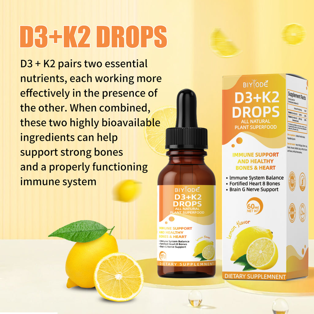 Vitamin D3 & K2 Liquid Drops, 60ml – 1000 IU Vitamin D3 & 200 mcg Vitamin K2 (MK-7) – Liposomal Enhanced Absorption, Immune Support, Bone & Heart Health, Non-GMO, Lemon Flavor