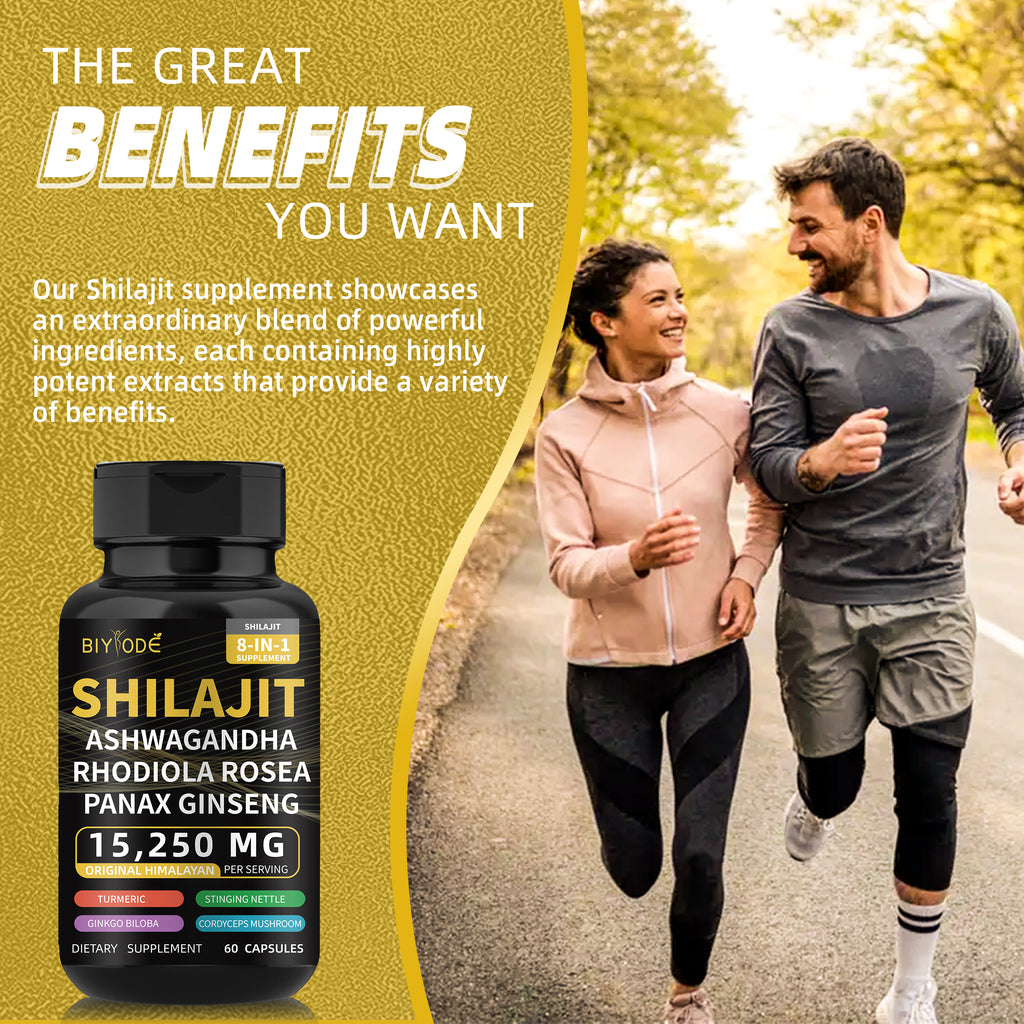 Shilajit Capsules for Man 8-in-1 Shilajit 9000 Ashwagandha 2000 Rhodiola Rosea 1000 Ginseng 1500 Cordyceps Mushroom 500 Ginkgo Biloba 500 Stinging Nettle 250 Turmeric 60 Capsules 30 Day Supply