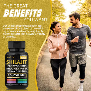 Shilajit Capsules for Man 8-in-1 Shilajit 9000 Ashwagandha 2000 Rhodiola Rosea 1000 Ginseng 1500 Cordyceps Mushroom 500 Ginkgo Biloba 500 Stinging Nettle 250 Turmeric 60 Capsules 30 Day Supply