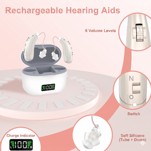 Rechargeable Hearing Aids for Seniors - Digital Sound Amplifier with 40H Playtime, Noise Cancelling, Smart LED Charging Case & 6 Volume Levels (Pair)