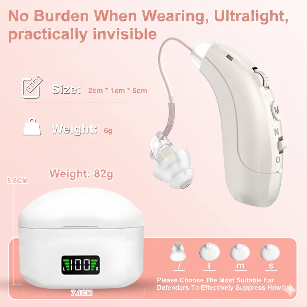 Rechargeable Hearing Aids for Seniors - Digital Sound Amplifier with 40H Playtime, Noise Cancelling, Smart LED Charging Case & 6 Volume Levels (Pair)