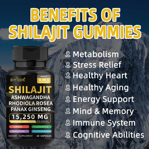 Shilajit Capsules for Man 8-in-1 Shilajit 9000 Ashwagandha 2000 Rhodiola Rosea 1000 Ginseng 1500 Cordyceps Mushroom 500 Ginkgo Biloba 500 Stinging Nettle 250 Turmeric 60 Capsules 30 Day Supply