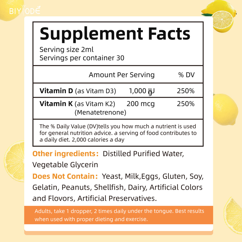 Vitamin D3 & K2 Liquid Drops, 60ml – 1000 IU Vitamin D3 & 200 mcg Vitamin K2 (MK-7) – Liposomal Enhanced Absorption, Immune Support, Bone & Heart Health, Non-GMO, Lemon Flavor