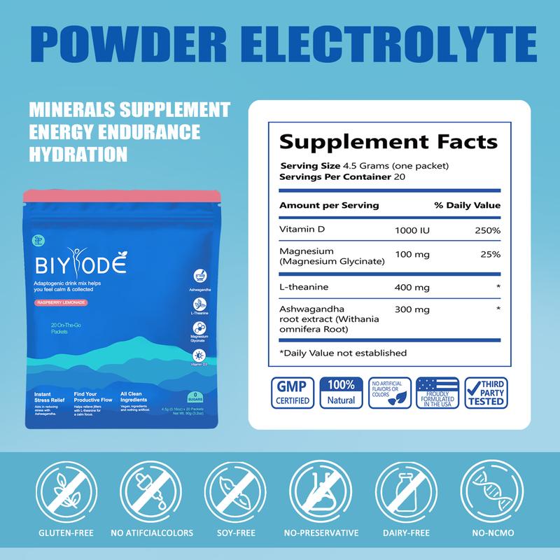 BIYODE-vegan Calming Drink Mix, raspberryKsm-66 Ashwagandha, Vitamin D3, wellnesssupplements for Relaxation & metabolism
